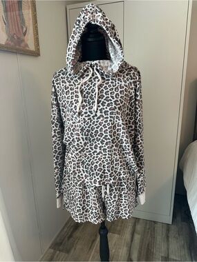 Victoria's Secret Leopard-Print Hoodie & Shorts Set - Cream, Black, Brown